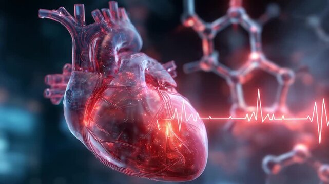 Detailed human heart beating and highlights the surrounding molecular activity, illustrating biological processes over dark backdrop with a glowing hearbeat line