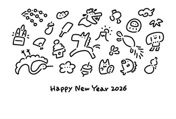 馬と正月の縁起物の手描きのかわいい線画のモノクロ和風年賀状　2026・富士山・鶴亀・松竹梅
