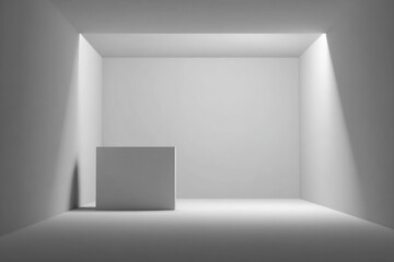 Obraz premium Minimalist white cube in a bright empty room, light streams from above, creating shadows on walls and floor. Simplicity and contrast abound