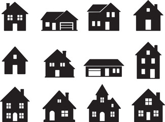 Set of Solid Black House Silhouettes in Different Positions and Designs