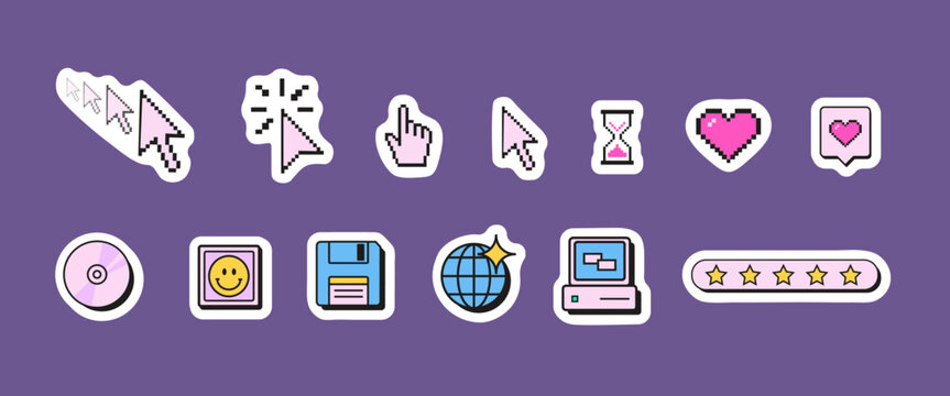 Retro 90s computer sticker pack with pixel cursor, floppy disk, CD, hourglass, heart, chat bubble, monitor. Concept of nostalgia, vintage technology, and digital interface. Flat vector illustration.