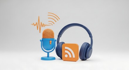 Podcast equipment with microphone, headphones, and rss feed icon isolated on white background