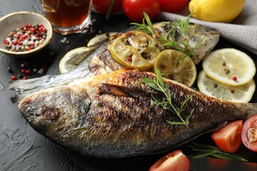 Tasty roasted dorado fish served on black table, closeup. Homemade seafood dish