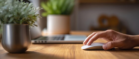 The hand on computer mouse at a cozy wooden desk workspace with laptop