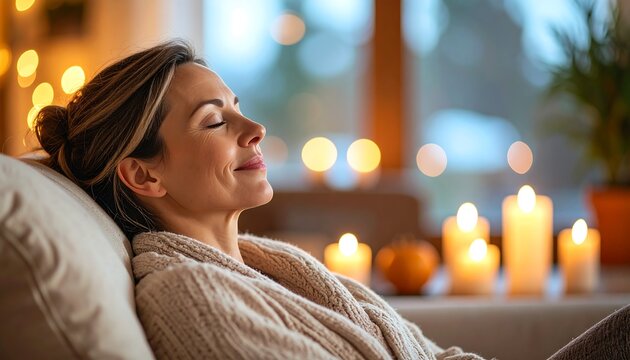 Serene woman resting on a couch amidst candlelight