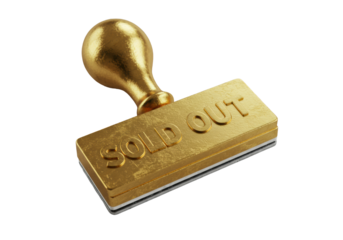 A weathered golden "SOLD OUT" metallic stamp with deep embossed text, lying flat on a clean matte white concrete surface in a high-angle studio shot, concept of market demand and business success