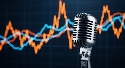 Vintage microphone in front of a financial stock market graph with fluctuating lines
