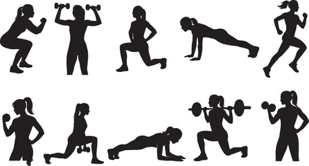 Set of Solid Black Female Workout Silhouettes in Dynamic Positions