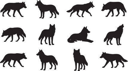 Set of Solid Black Wolf Silhouettes in Different Dynamic Positions
