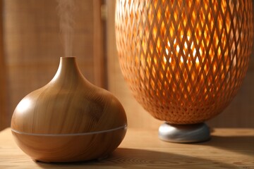 Modern aroma lamp on wooden table indoors, closeup