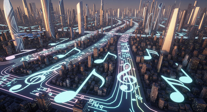 A futuristic cityscape with glowing music notes on the streets, creating a vibrant and artistic urban landscape with a touch of technology - Powered by Adobe