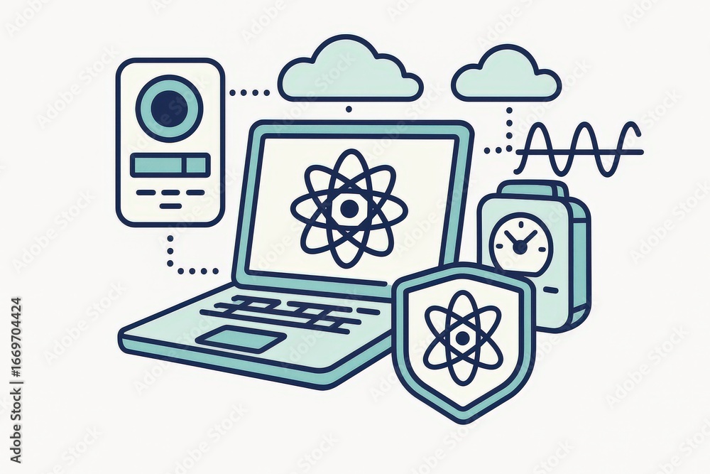Poster innovative digital technology concept showcasing laptop with atom symbol representing quantum comput