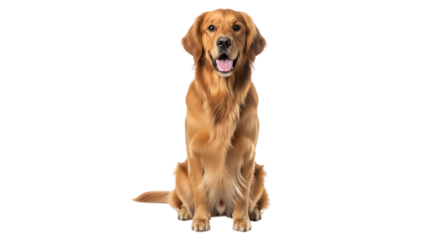 Golden Retriever dog sitting attentively with mouth open and tongue visible isolated on a transparent background