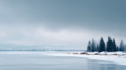 Obraz premium A snow-covered frozen lake under overcast skies, muted natural tones