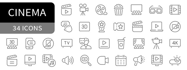 Cinema simple line icons. Movie, camera, film, reel editable stroke icon set. vector
