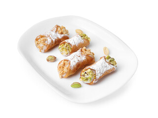 Delicious cannoli with ricotta cheese, peanuts, pistachios and powdered sugar isolated on white