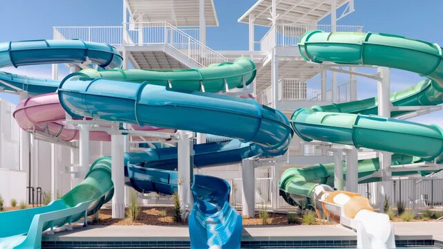 Colorful water slides twist and turn in a vibrant water park, showcasing dynamic movement and playful design, inviting visitors to enjoy thrilling aquatic adventures in a sunny atmosphere