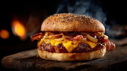 Bacon cheeseburger with caramelized onions, melted cheddar, and artisan bun – juicy grilled beef burger with smoky barbecue pub food style