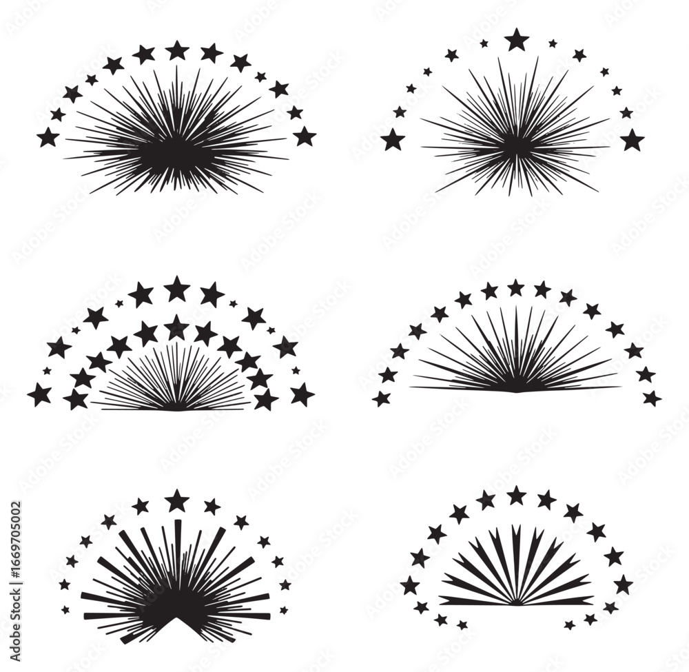 Poster set of vector starburst designs with different star patterns for various creative applications