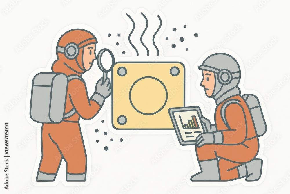 Poster co-laboring astronauts conducting scientific exploration with cutting-edge technology, analyzing dat