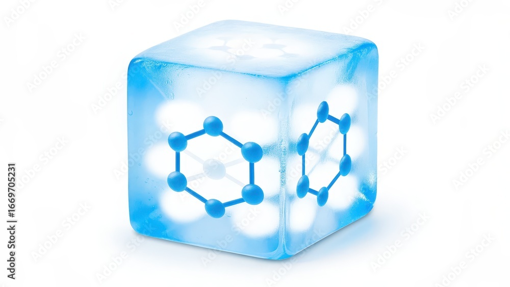 Poster frozen crystal lattice model ice cube with a molecular structure design, showcasing a unique scienti