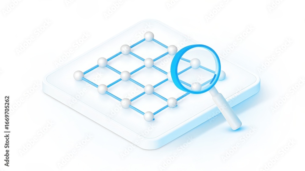 Poster frozen crystal lattice model digital illustration of a grid with a magnifying glass focusing on a po