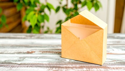 Open kraft envelope on rustic wood table, blurred green foliage background