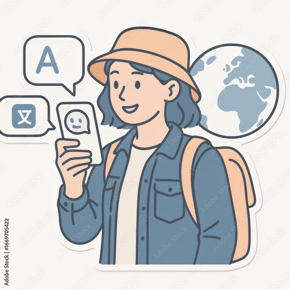 Poster young adult exploring language learning on smartphone device, showcasing global communication and di