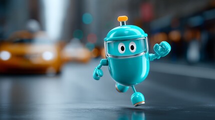 Running robot character in urban setting street scene 3d animation dynamic environment playful concept
