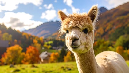 Obraz premium Friendly Alpaca in Autumnal Mountain Landscape.