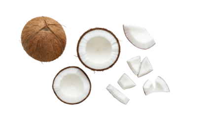 Pristine whole & cut coconuts with white meat, square pieces & green palm leaves, flat lay on white studio background with soft high-key lighting. Concept of natural tropical ingredients
