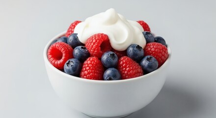 Photorealistic studio photograph of a white porcelain bowl filled with fresh raspberries, blueberries, and thick cream on a gray background