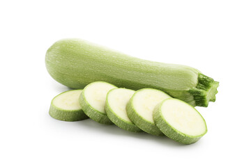 Fresh whole and cut zucchinis isolated on white