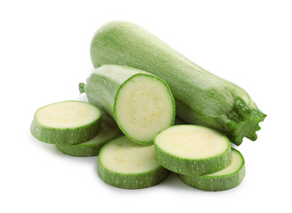 Fresh whole and cut zucchinis isolated on white