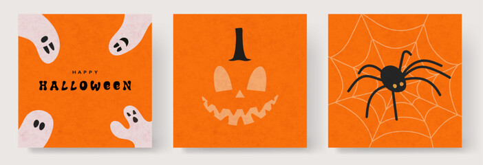 Happy Halloween posters template. Halloween banner, poster with pumpkins. Happy halloween banner or party invitation background with yellow and orange pumpkins, ghost, bat.