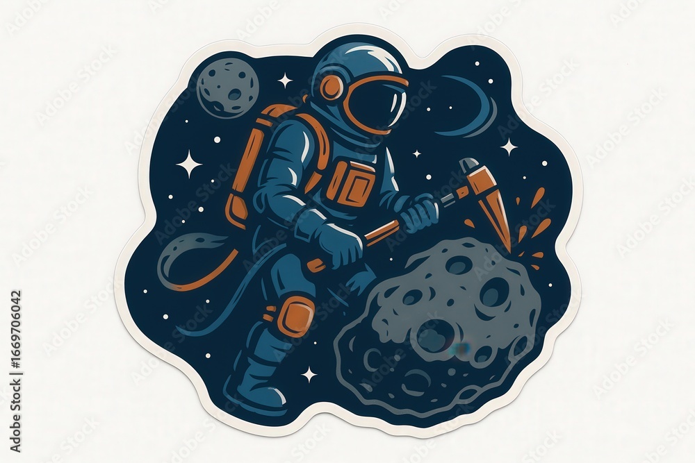 Aufkleber astronaut exploring a distant asteroid with mining tools while navigating the cosmic landscape and s