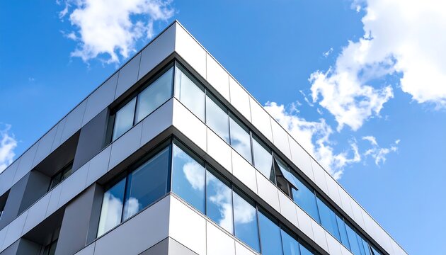 A modern office building corner rises against a clear, cloud-filled blue sky, showcasing clean lines and reflective glass.