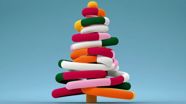Colorful abstract tree sculpture composed of vibrant, twisted shapes in a playful arrangement, showcasing a dynamic visual flow and artistic expression, perfect for festive decoration or creative desi