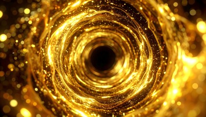 Glowing golden liquid spirals into a dark center