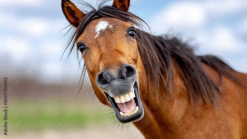 Poster horse displaying joyful expression with wide smile, showcasing playful demeanor and vibrant personal
