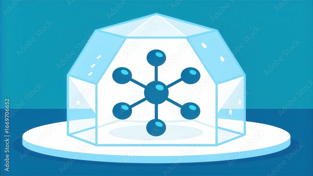 Poster frozen water molecule simulation 3d molecular structure enclosed in a transparent dome on a blue bac