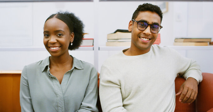 Portrait, happy team and creative business people on sofa for collaboration with journalists. Man, woman and staff on couch with smile, startup and about us with news reporters in office lounge - Powered by Adobe