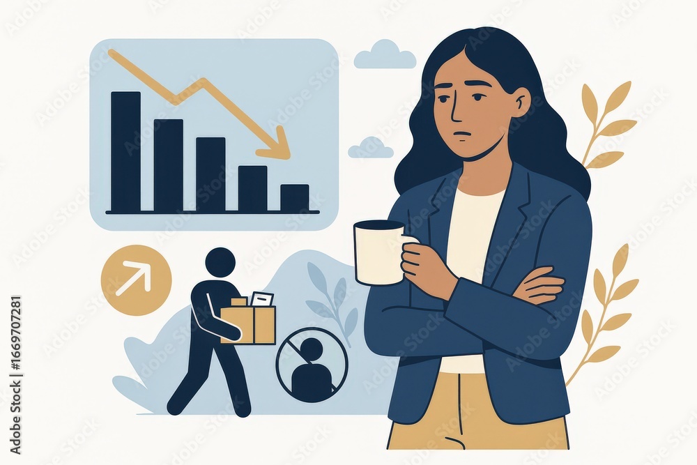 Poster concerned woman analyzing fluctuating analytics in corporate setting while holding coffee cup surrou