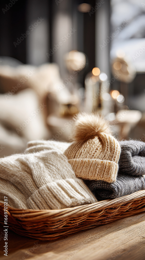 Poster cozy knitted hats and sweaters rest inside a wicker basket, creating a warm and inviting atmosphere.