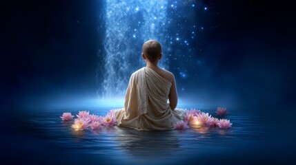 Meditative reflection of a monk serene waterfall digital art tranquil environment back view spirituality and peace