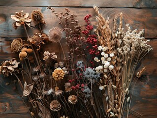 rustic still life of dried wildflowers, grasses, and seed pods arranged naturally 