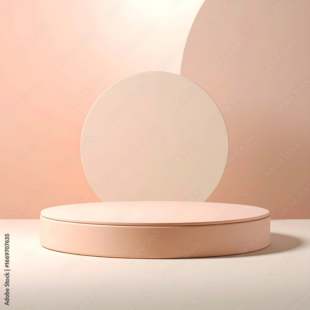 Poster a minimalist 3d render of a peach-colored podium with a circular backdrop.