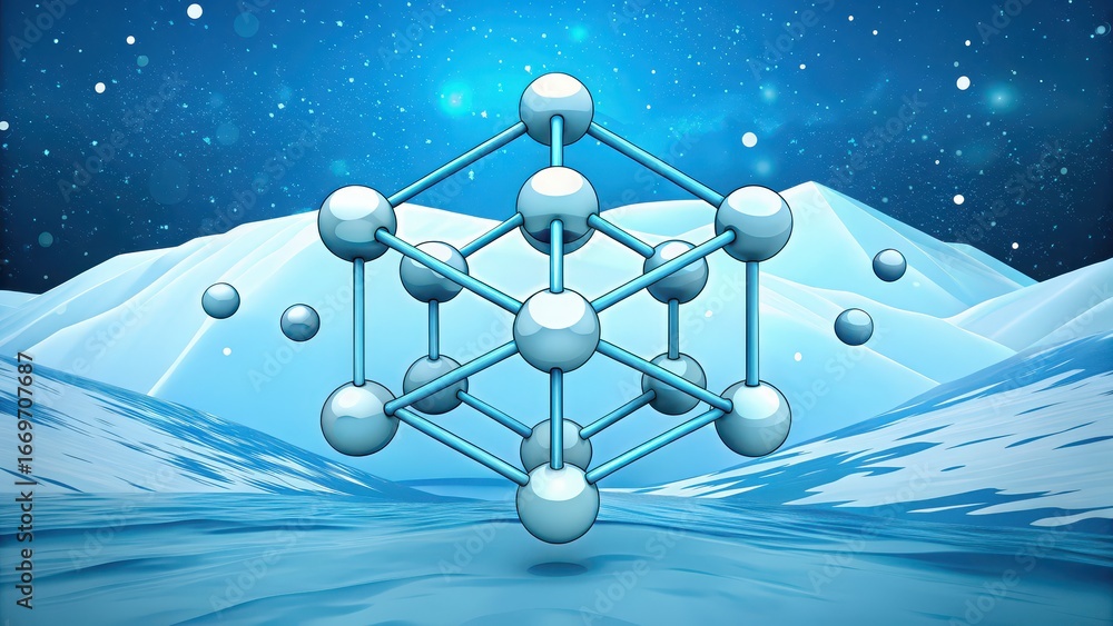 Poster frozen water molecule simulation abstract 3d molecular structure in a serene icy landscape with a st