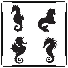 Silhouette of Seahorses in Various Poses - Black and White Marine Animal Icons - Vector Illustration for Ocean Life, Wildlife, and Nature Conservation Projects