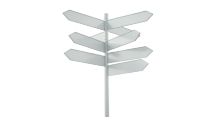 A sleek, modern signpost with blank arrows pointing various directions, against a soft, blurred background with creamy bokeh and neutral tones. Concept of future pathways